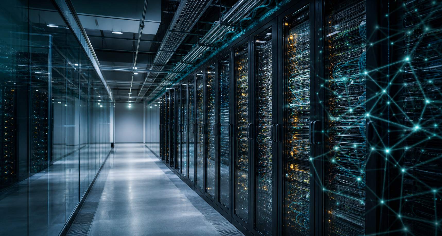 Modern data center corridor with server racks and subtle AI network visualization